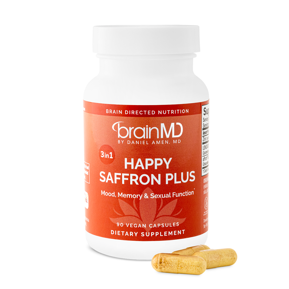 BRAINMD Dr Amen Happy Saffron Plus - 90 Capsules - with Saffron Flower Extract, Curcumin & Zinc - Vegan, Gluten Free - 30 Servings