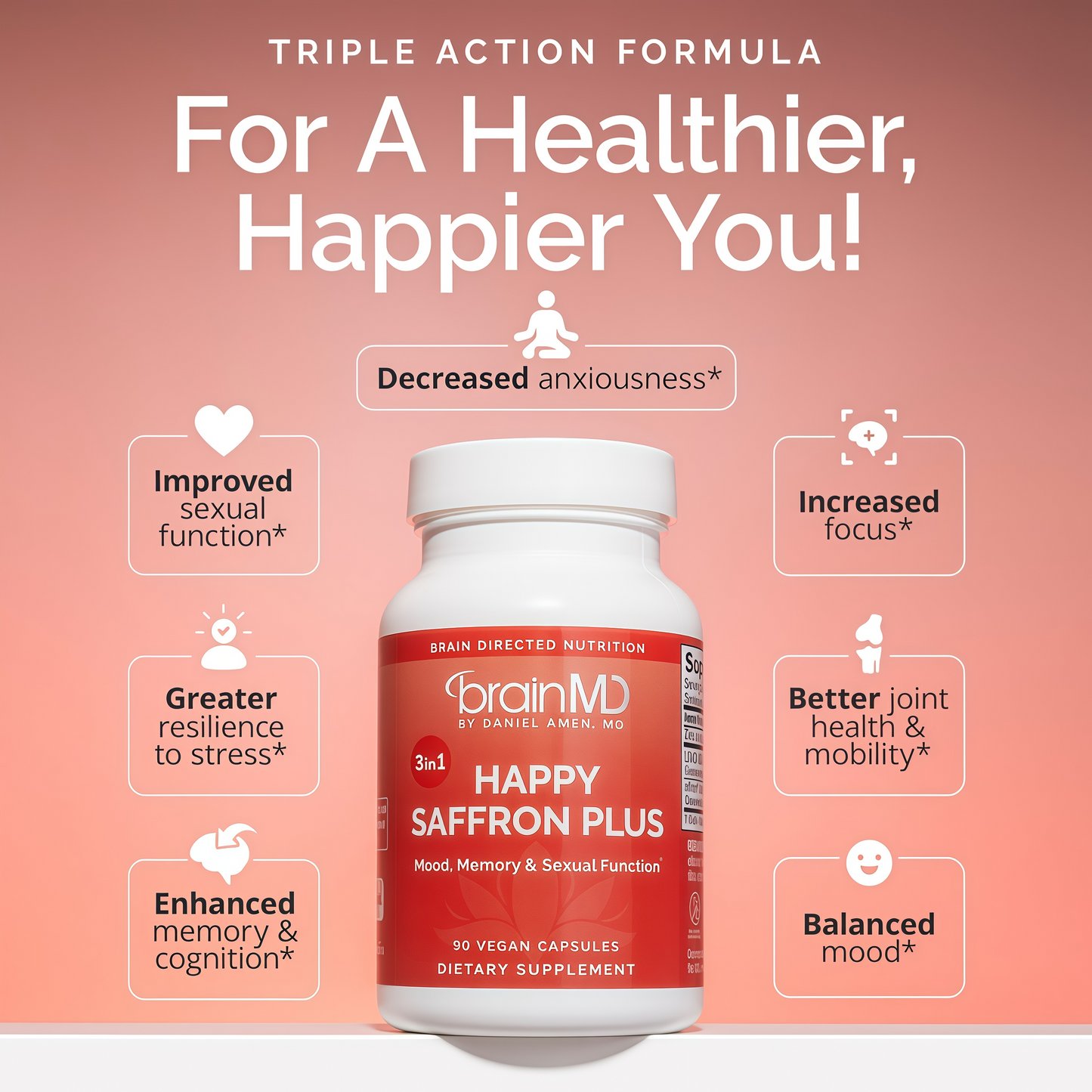 BRAINMD Dr Amen Happy Saffron Plus - 90 Capsules - with Saffron Flower Extract, Curcumin & Zinc - Vegan, Gluten Free - 30 Servings